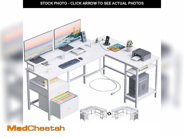 Lot 74-12785065 - Furologee White 59Ã¢â¬Â L Shaped Desk with Power Outlet, Reversible Computer Desk with File Drawer...