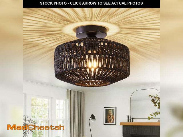 Lot 74-12979966 - XIEYOR Boho Rattan Ceiling Light Fixture, Hand Woven Flush Mount Chandelier, Farmhouse Woven Ceiling...