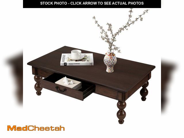 Lot 74-14285353 - Jenvor Rectangular Wooden Coffee Table with Storage Drawer Vintage Espresso Solid Rubber Wood Gourd-...