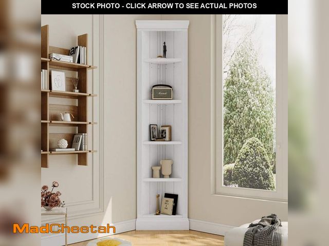 Lot 74-13037481 - Harper &amp; Bright Designs 83.4 in. Tall White Wood 5-Shelf Corner Accent Bookcase with 2-Adjustabl...