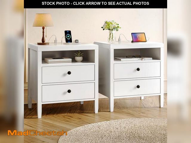 Lot 74-12159782 - Huuger White Nightstand Set of 2, Night Stand with Charger Station, Bedside Table with 2 Drawers, Be...