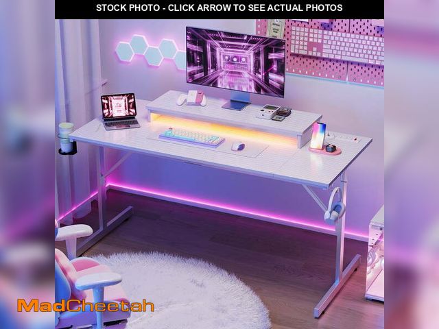 Lot 74-13054123 - Bestier 52 inch Gaming Desk with Power Strip and LED Monitor Stand for Home Office, Carbon Fiber Whi...