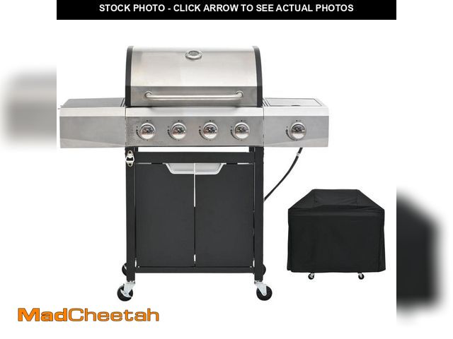 Lot 74-12534893 - FIROMO 4-Burner Propane Gas Grill in Stainless Steel with Side Burner, Condiment Rack and Built-in T...