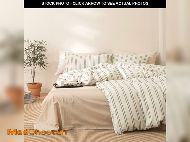 Lot 74-14154569 - VM VOUGEMARKET Full Beige Duvet Cover Set Green Gray Striped Bedding Set Soft Washed Cotton 3 Pieces...