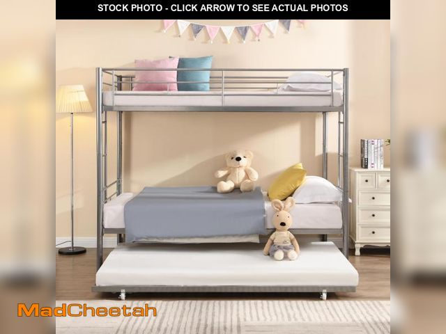 Lot 74-12363439 - KEIKI Twin Over Twin Size Metal Detachable Bunk Bed Frame with 2 Side Ladder, Trundle and Guardrail,...