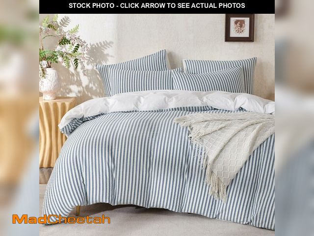 Lot 74-14145636 - BUPIRD King Comforter Set Striped Denim Blue Soft Washed Cotton Jacquard 3 Pieces King Striped Beddi...