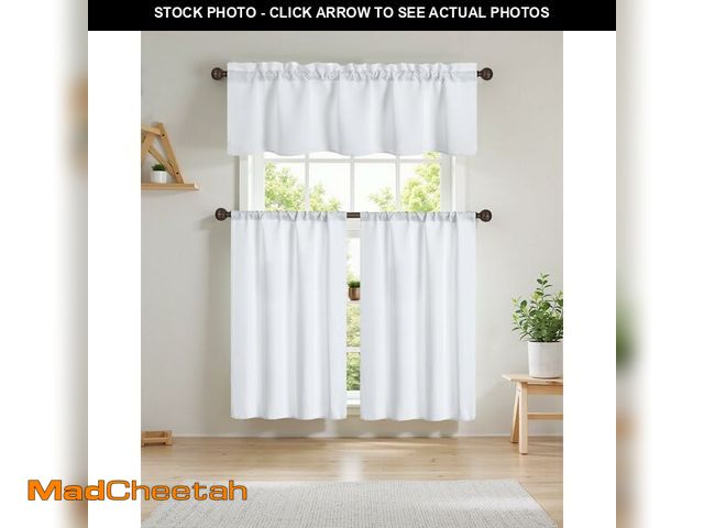 Lot 74-13542484 - Easy Home 3 Piece Solid Color Blackout Window Curtain Set with Tiers and Valance Rod Pocket Thermal ...