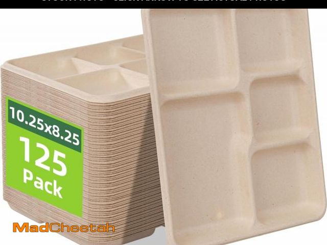 Lot 74-12333519 - WELLIFE 100% Compostable 5 Compartment Paper Plates, 125 Pack Heavy Duty Disposable School Lunch Tra...