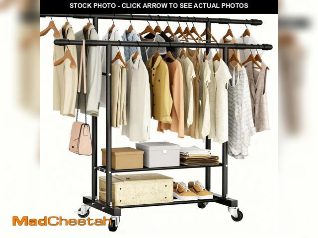 Lot 74-12888793 - Flngr Double Rods Clothes Rack,Heavy Duty Clothes Rack with Wheels,Hanging Clothes Portable Wardrobe...
