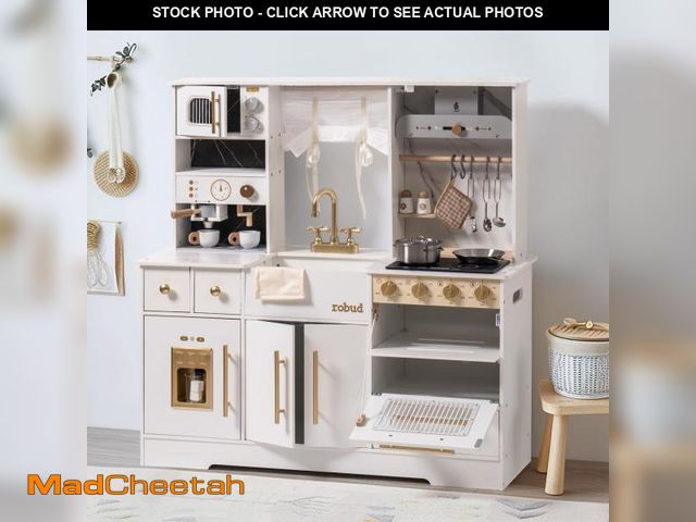 Lot 74-12525229 - ROBUD Wooden Play Kitchen Set for Kids and Toddlers with Coffee Machine, Ice Maker, Microwave, Oven,...