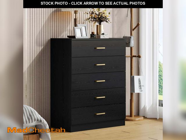 Lot 74-12888604 - UHOMEPRO Black 5 Drawer Dresser, Chest of Drawers for Bedroom, Modern Storage Cabinet Dresser Organi...