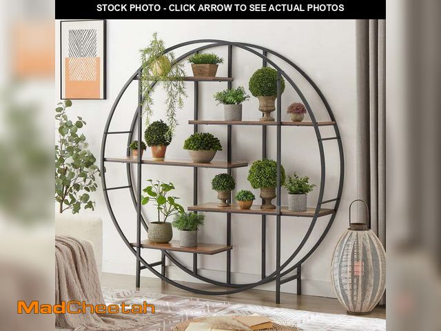 Lot 74-12857534 - PORKISS 5 Tiers Bookcase Bookshelf, Round Open Display Shelf, Vintage Plant Stand with Metal Frame, ...