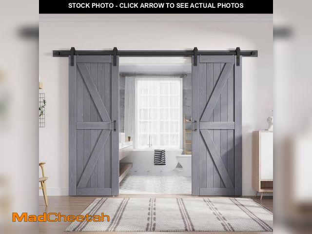 Lot 74-12207043 - Fredbeck Naturall Wood Barn Door 60x84 Gray Sliding Door with Hardware Double 30x84 - UNUSED
