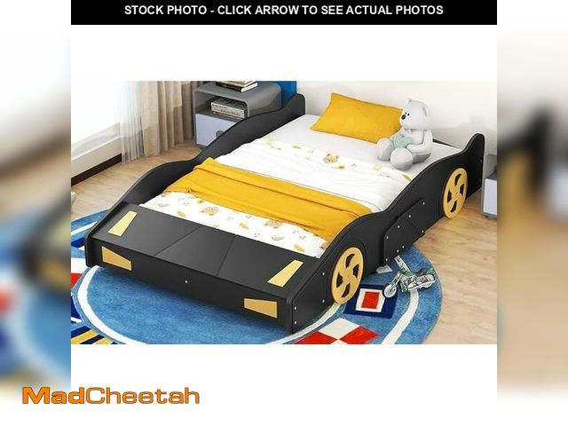 Lot 74-12630975 - Full Size Race Car Bed Frame - Black &amp; Yellow, Wood, with Storage &amp; Wheels, Bedroom Furnitur...
