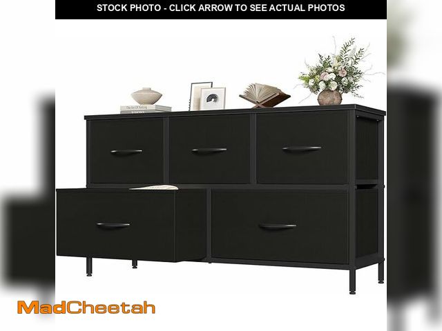 Lot 74-14067499 - OLIXIS Dresser for Bedroom, 5 Storage Fabric Drawers, Metal Frame and Wooden Top, Tall Storage Drawe...