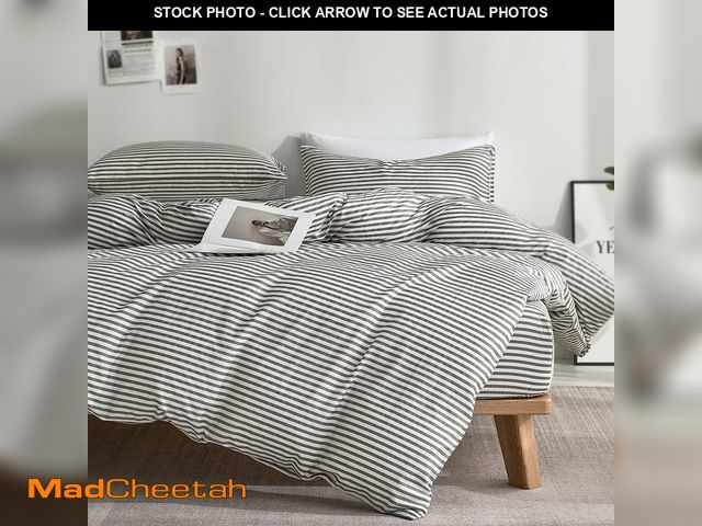 Lot 74-14148967 - JELLYMONI 100% Natural Cotton 3pcs Striped Duvet Cover Sets,White with Grey Stripes Pattern Printed ...