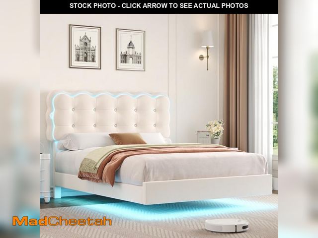Lot 74-12487112 - Homfa Full Size Floating Bed Frame with Led &amp; Charging station, Velvet upholstered bed frame wit...
