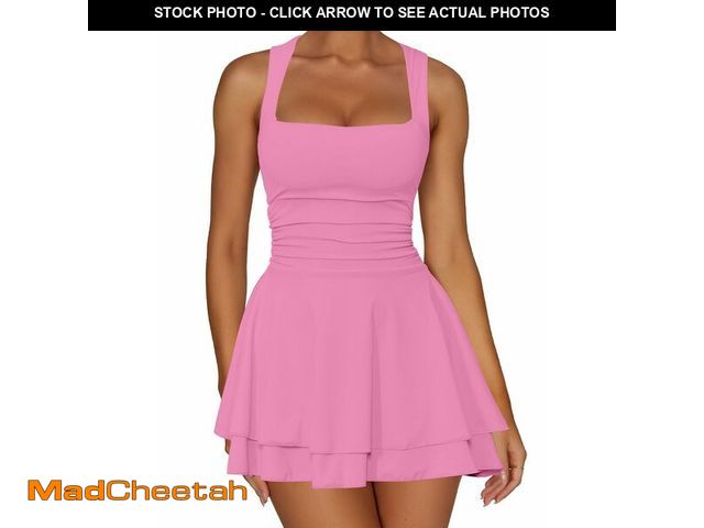 Lot 74-14049525 - Kaximil Women's Square Neck Ruffle Hem Mini Dress Ruched Waist Short Party Dresses, Large, Pink - US...