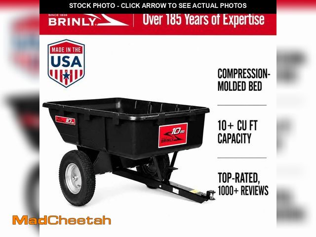 Lot 74-14221935 - Brinly-Hardy 650lbs. 10cu.ft. Tow-Behind Lawn Mower Trailer Dump Cart w/ Compression-Molded Poly Bed...