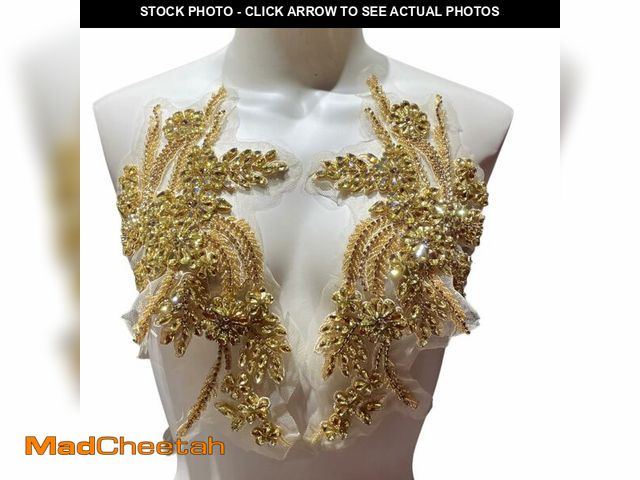 Lot 74-13626410 - JRYYR 1 Pair of Handmade Rhinestone Appliques,26.5 * 18cm Gold Applique for Dress Wedding,Banquet Ev...