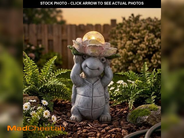 Lot 74-14321813 - Liv &amp; Skye Gray 15 in. Ceramic Turtle Holding Large Solar Flower Garden Statue - UNUSED