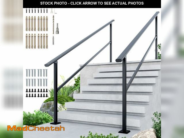 Lot 74-13637904 - DIYHD 8 Step Handrail for Outdoor,Powder Coated Iron Stair Railing,Black Hand Rails for Indoor, Porc...