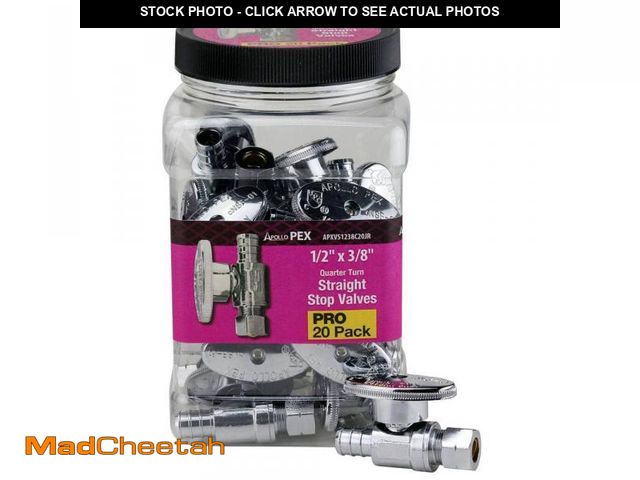 Lot 74-10513591 - Apollo 1/2 in. PEX-B Barb x 3/8 in. Compression Brass Quarter-Turn Straight Stop Valve Pro Pack, Chr...