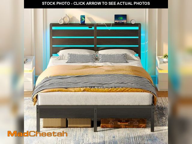 Lot 74-12276731 - Rolanstar Bed Frame twin Size with USB Charging Station, LED Bed Frame with Wood Storage Headboard, ...