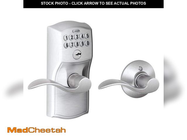 Lot 74-14311504 - Schlage Camelot Satin Nickel Electronic Keypad Door Lock with Accent Handle and Auto Lock - UNUSED