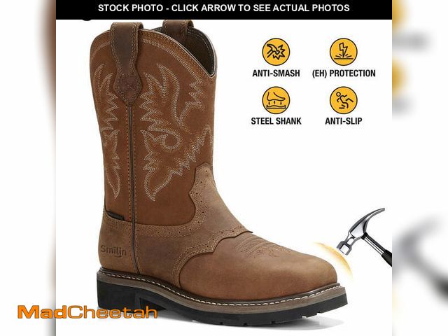 Lot 74-12834304 - SMILIN Steel Toe Boots For Men Pull-on Western Work Boots,Brown,Size 10.5 - UNUSED