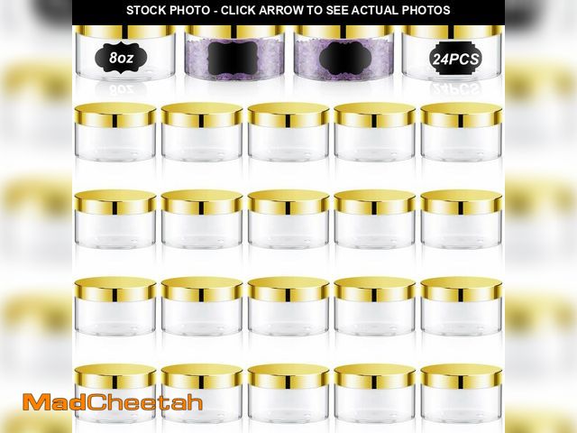 Lot 74-13568047 - Dandat 24 Pcs 8 oz Plastic Jar Container with Lid and Label Refillable Empty Round Clear with Gold P...