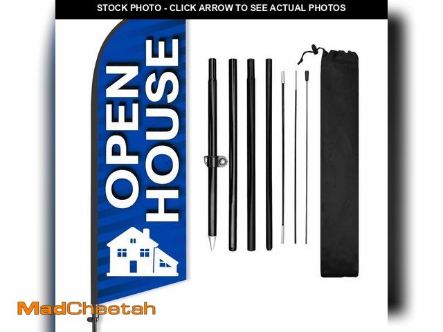 Lot 74-14270806 - Open House Flag, 8 ft Blue Feather Pole Kit, Ground Stake, Real Estate - UNUSED