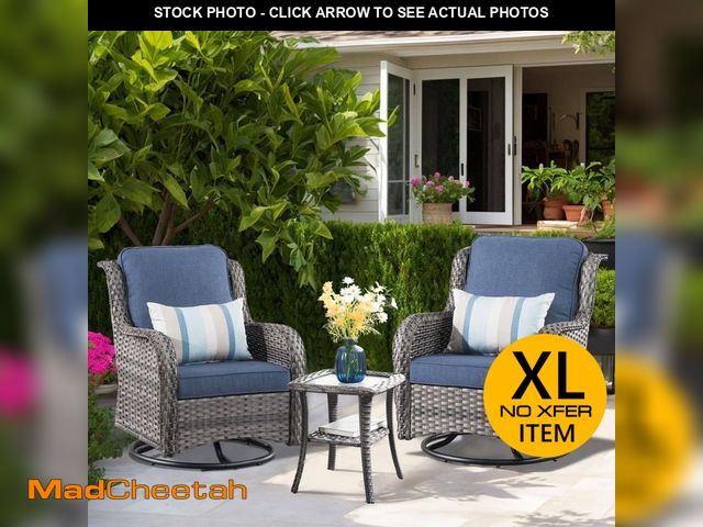 Lot 74-14252085 - Erie Lake 3-Piece Gray Wicker Outdoor Rocking Chair Set with Denim Blue Cushions - UNUSED