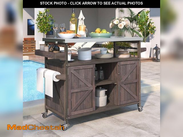 Lot 74-13866385 - FAMYYT Farmhouse Rolling Dark Brown Stainless Steel Metal Top 50 in. Solid Wood Kitchen Island with ...