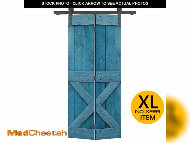 Lot 74-12898714 - 34 in. x 84 in. Mini X Series Ocean Blue Stained DIY Wood Bi-Fold Barn Door with Sliding Hardware Ki...