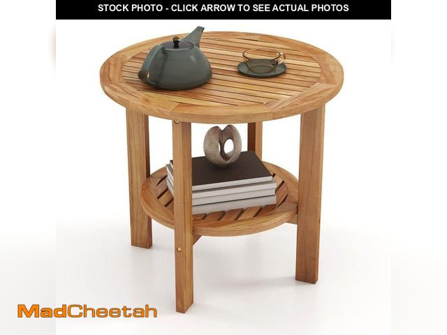 Lot 74-14242346 - Gymax Teak Wood 2-Tier Side Table 19.5 in. Round Coffee Table End Table with Slatted Top - USED