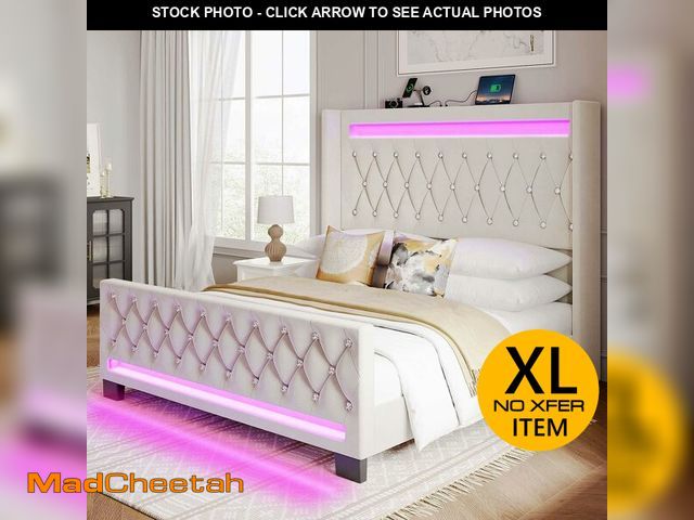 Lot 74-13561904 - Rolanstar Queen Bed Frame with LED Light and Charging Station, Upholstered High Headboard and Footbo...