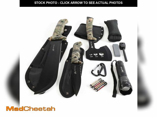 Lot 74-12556684 - (MISSING SHARPENER)) Ozark Trail 12-Pack Camping Tool Set with 180-Lumen Flashlight, 10" Machete, 4....