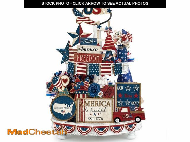 Lot 74-14301972 - Seeloowy 26 Pcs 4th of July Tiered Tray Decoration Patriotic USA Wood Signs Rustic America Flag Red ...