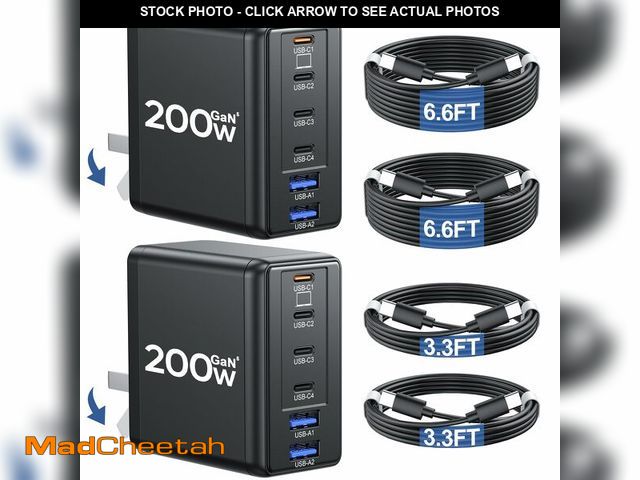 Lot 74-14055503 - 2 Pack 200W USB C Charger with 4 USB Cables, 6-Port Wall Charger, Laptop Fast Charger Type C Chargin...