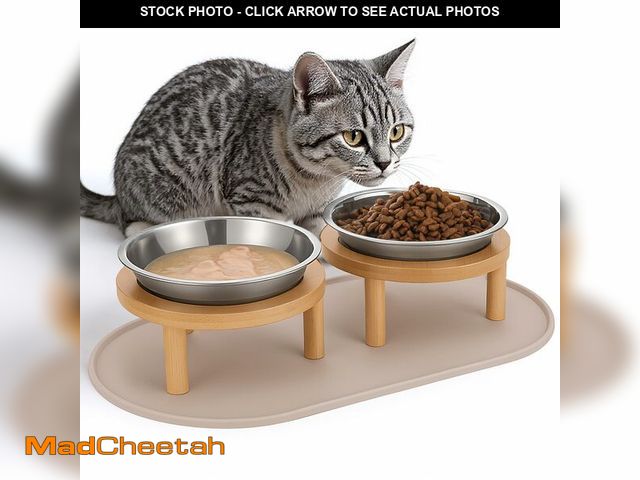 Lot 74-14146938 - Elevated Cat Bowls with Food Mat,6.3 Inches Shallow Raised Bowls Whisker Friendly,2 Stainless Steel ...