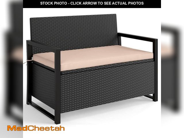 Lot 74-14242345 - Gymax Patio Storage Bench Wicker Loveseat w/ Built-in Storage and Long Seat Cushion Outdoor Beige - ...