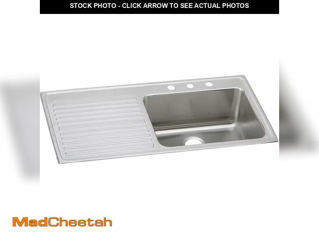 Lot 74-12997884 - Single Basin Stainless Steel Kitchen Sink with Drainboard - 4 Faucet Holes 32" x 22" x 8" - USED
