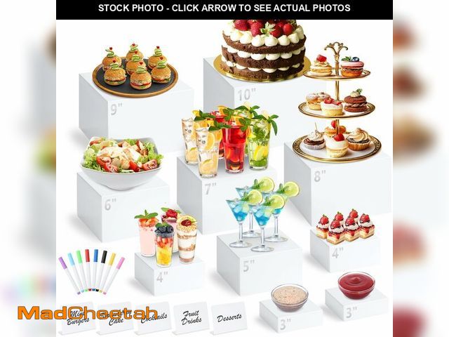 Lot 74-14204897 - 10 Pcs White Acrylic Buffet Risers with Mini Sign and Marker, Food Display Stands for Buffet Table P...