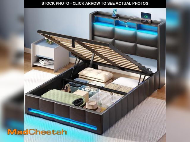 Lot 74-12388445 - Rolanstar Bed Frame Twin Size with Lift Up Storage, Charging Station &amp; LED Lights, Upholstered S...