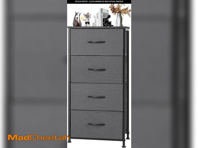 Lot 74-12396585 - DUMOS Dresser for Bedroom 4 Drawers, Tall Fabric Closet Chests Organizer Tower Furniture with Wooden...