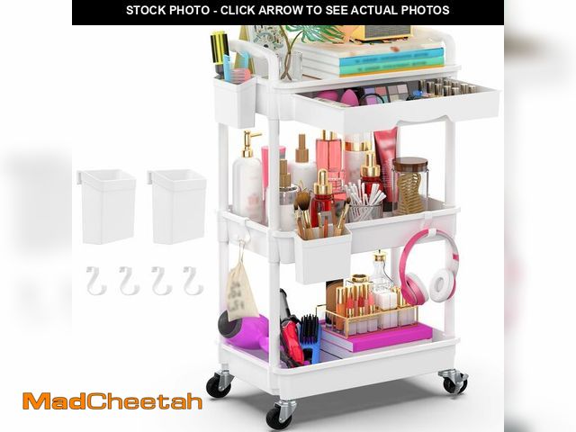 Lot 74-14267714 - Goovilla 3 Tier Rolling Utility Cart Organizer with Removable Drawer, Stable and Sturdy White Rollin...