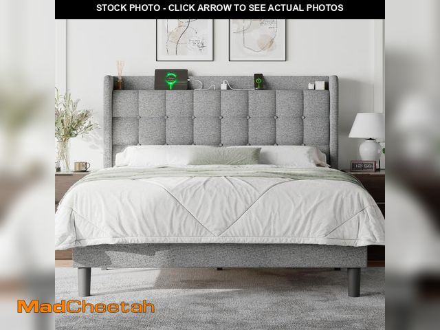 Lot 74-12274195 - Feonase Queen Bed Frame with Charging Station, Upholstered Platform Bed with Wingback Storage Headbo...