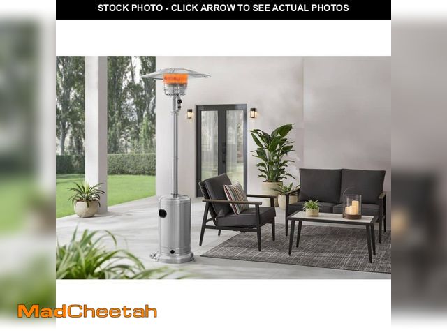 Lot 74-12516863 - (MISSING LID) Hampton Bay 48000 BTU Stainless Steel Propane Standing Patio Heater with Wheels - USED
