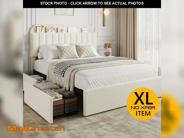 Lot 74-13561734 - GarveeHome Queen Bed Frame with Storage Headboard, Girls Bed Frame with 2 Drawers, Boucle Upholstere...